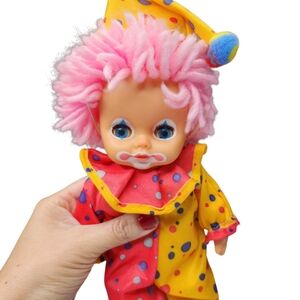 Vintage 70s Clown Doll. Pink Yarn Hair Cute Polka Dot Costume
